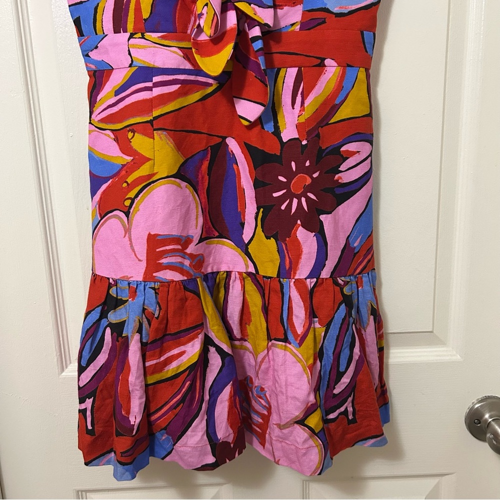 REBECCA VALLANCE Positano Tie-front Printed Linenblend Mini Dress in Pink Size 4 - Picture 6 of 13